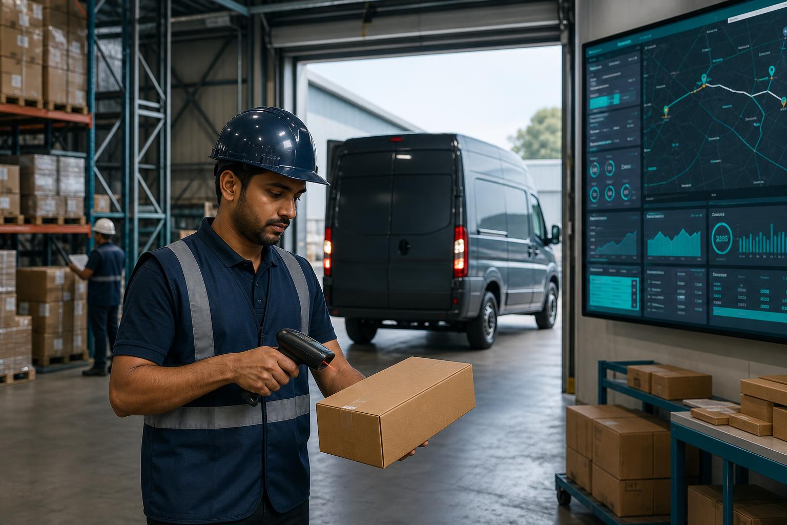 NEVO warehouse loading bay with an electric van, associate scanning inventory and a live control tower display