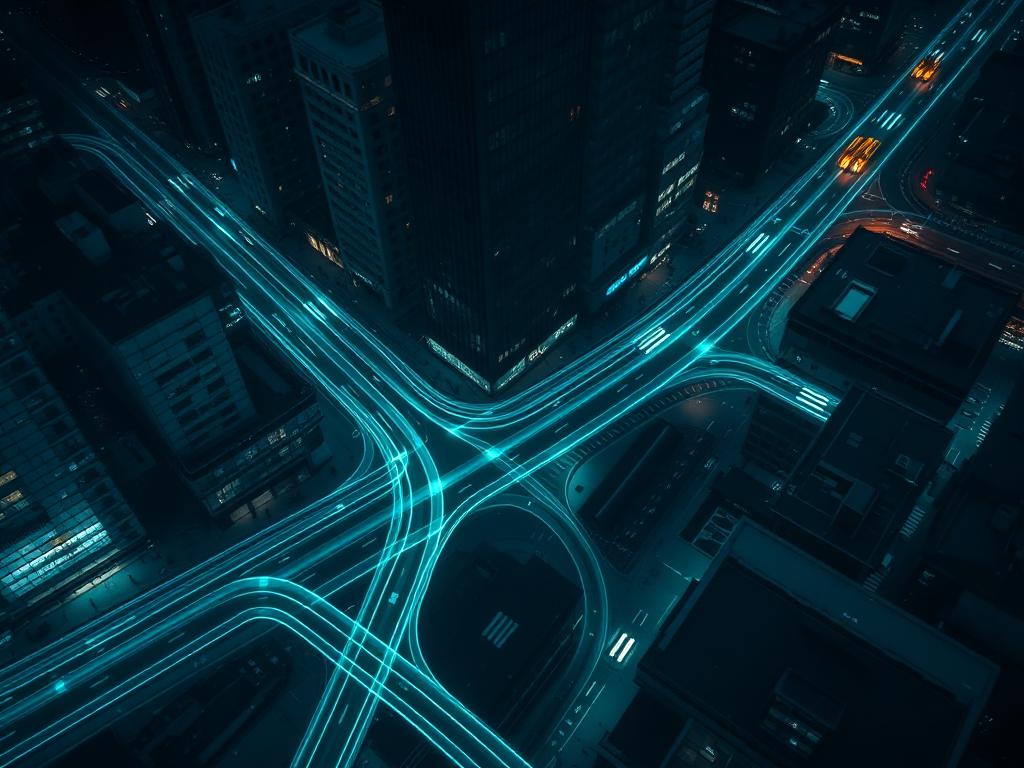 Overhead view of city streets with optimized delivery route lines