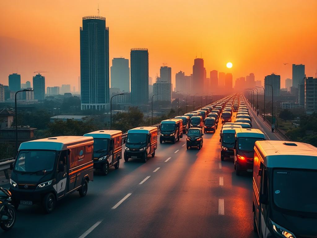 NEVO electric delivery fleet crossing an Indian city skyline at dusk